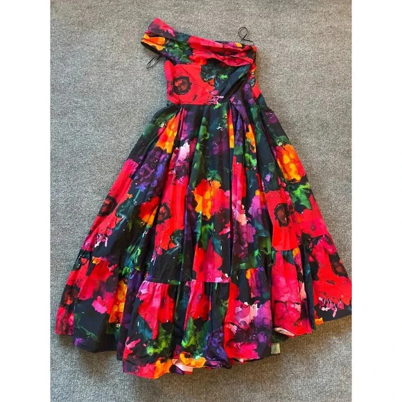 $2385 Talbot Runhof Downey Multicolor Floral Ruffle One Shoulder Dress Sz L - Picture 6 of 10